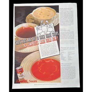 Campbell's Soup Vintage Print Ad 1938 Chef's Hats Off Tomato Mushroom Consomme